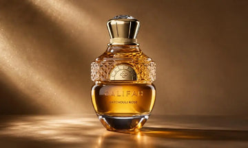 Luxury amber perfume bottle with an elegant gold cap on a warm golden background, illuminated by soft natural light for a refined, sophisticated look.