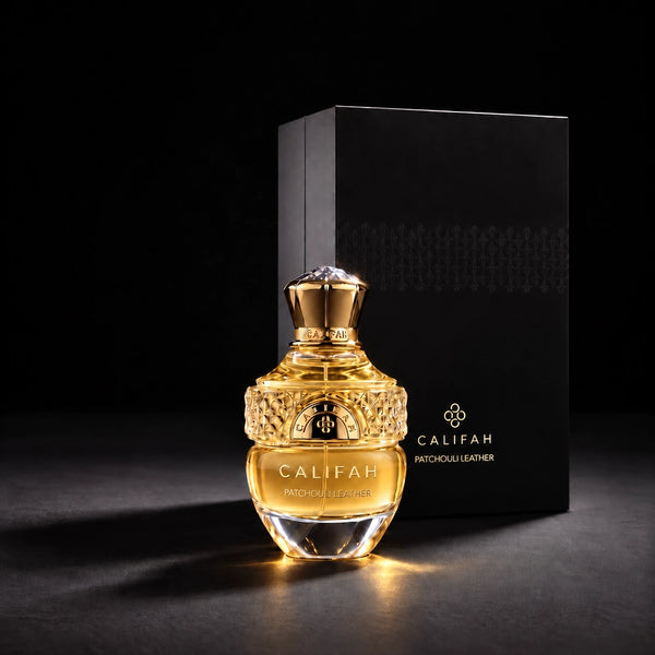 CALIFAH Patchouli Leather perfume bottle displayed in front of its black and gold packaging.