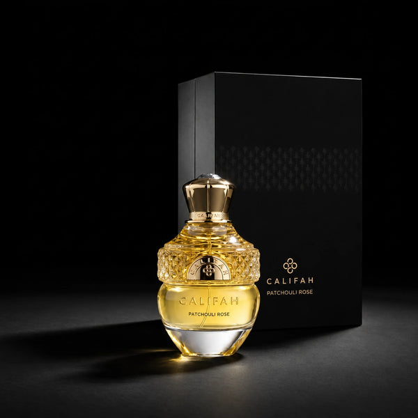CALIFAH Patchouli Rose perfume bottle displayed in front of its black packaging with gold lettering.