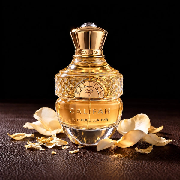 CALIFAH Patchouli Leather perfume bottle surrounded by cream rose petals on a brown textured surface.