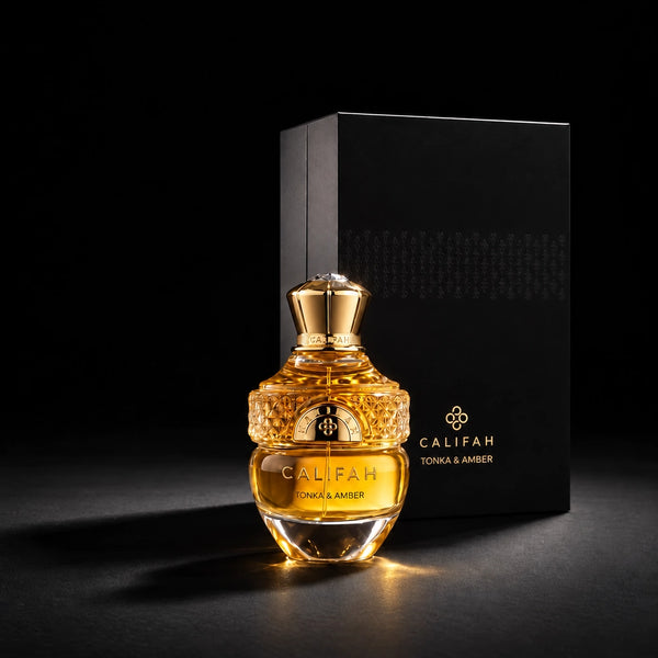 CALIFAH Tonka & Amber perfume bottle displayed in front of its black packaging with gold lettering.